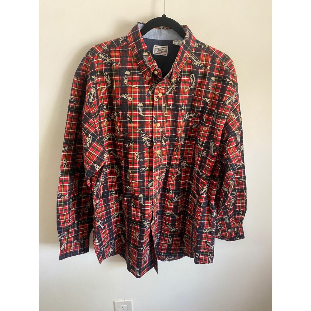 Vintage Bugle Boy Company Golf Print Plaid Button Down Shirt Mens Large Red L